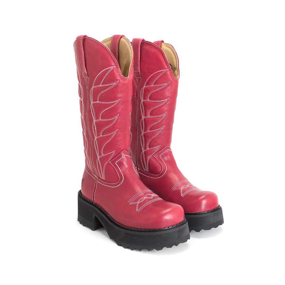 John Fluevog Red Leather Resoled F-Shoe Hi Cowboy Western Boots, Sz 10.5 - Picture 2 of 11